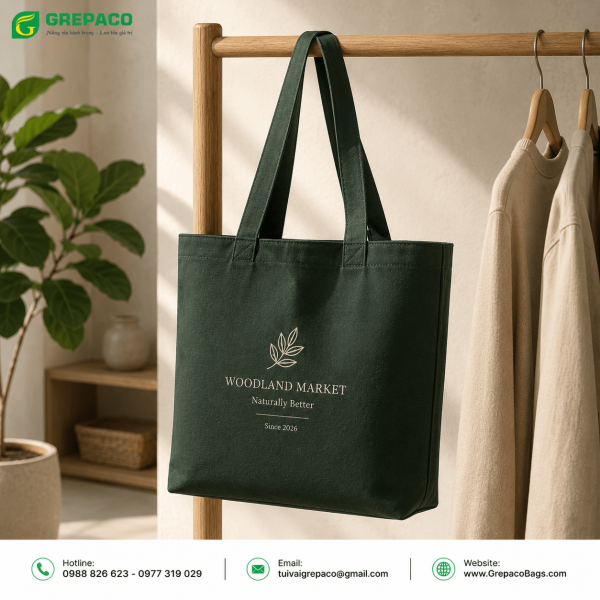 Túi vải bố canvas chặt đáy GREPACO – In logo theo yêu cầu, bền đẹp và chắc chắn.