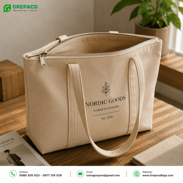 Túi vải bố canvas có khóa kéo GREPACO – In logo theo yêu cầu, bền đẹp và tiện dụng.